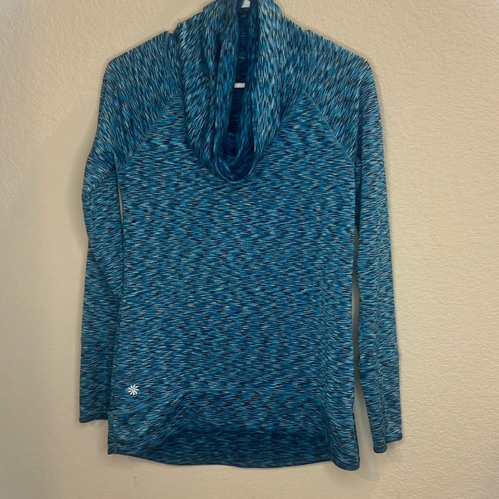 Athleta Women CowlNeck Hoodie Pullover Blue Black Soft thumb hole Athletic Top S